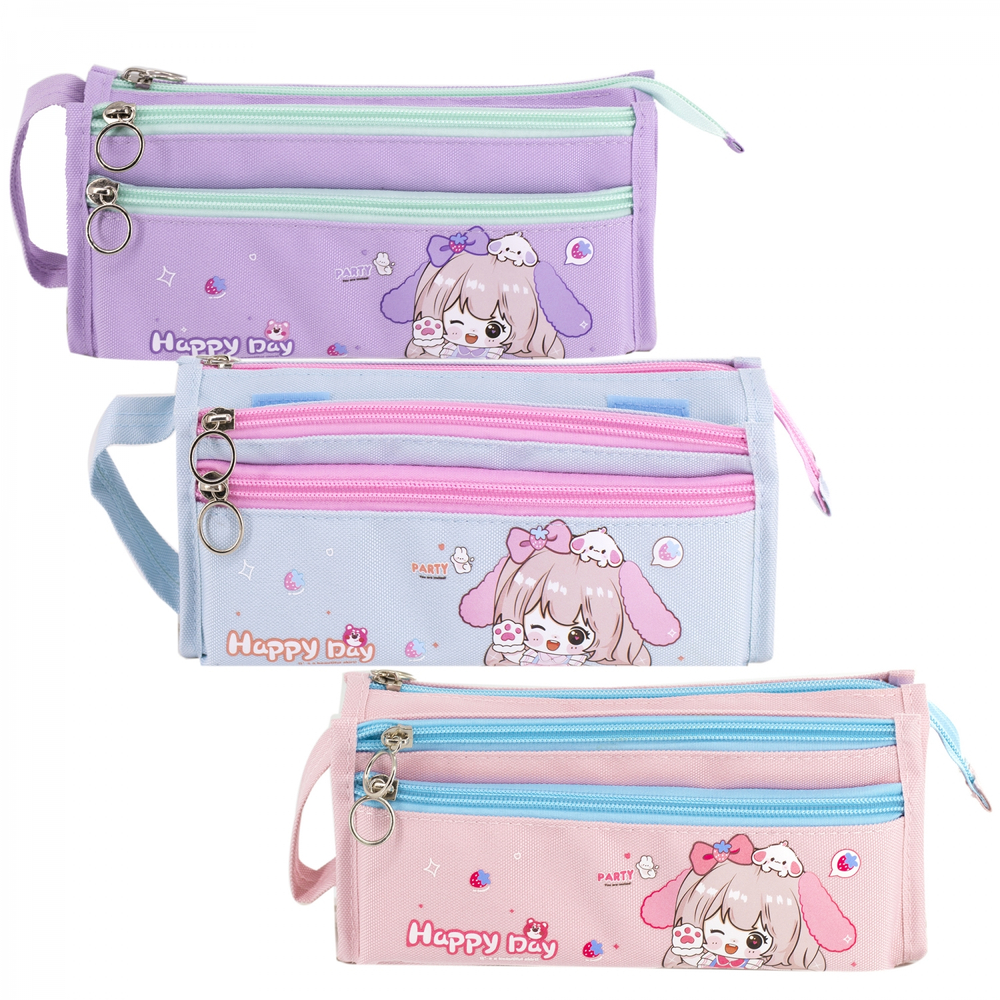 Пенал - косметичка Alingar, ткань, молния, 2 отделения, 2 боковых кармана, липучка, петля, 200 х 90 х 45 мм, "Happy Day", микс (розов, голуб, сиренев)