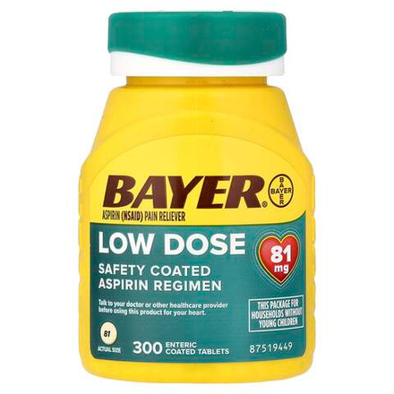 Bayer, Aspirin Regimen, низкая доза, 81 мг, 300 таблеток, покрытых кишечнорастворимой оболочкой
