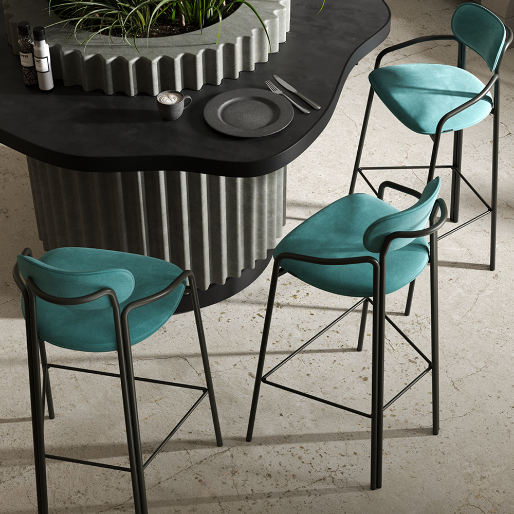 Стул барный Ror, Round, велюр, черный/светло-бирюзовый