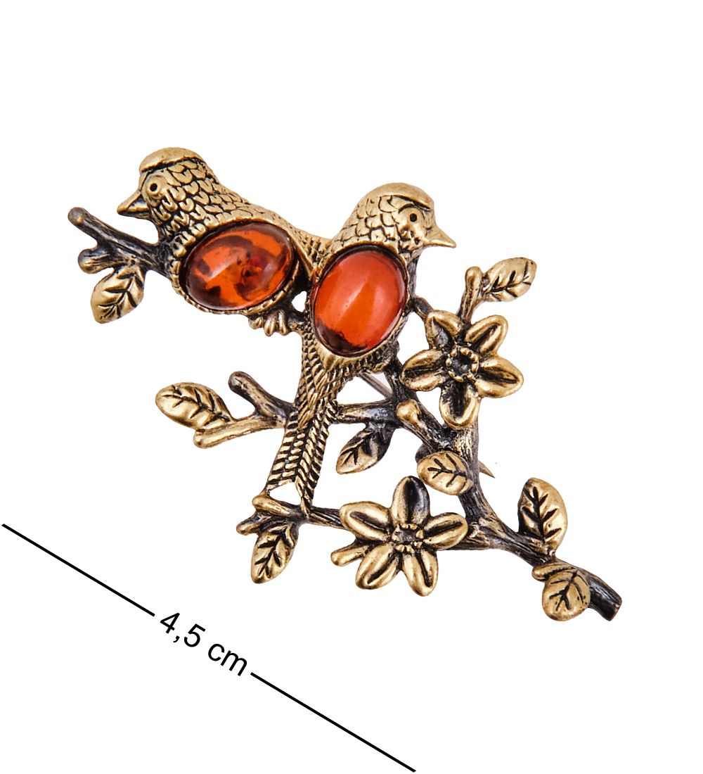 AM-3799 Брошь «Птички парочка» (латунь, янтарь)
