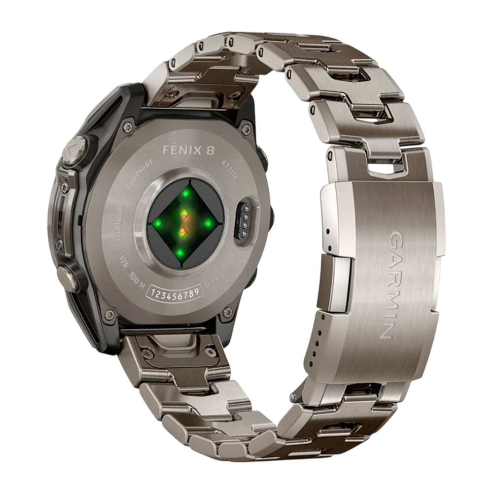 Спортивные часы Garmin fenix 8, 47 мм, AMOLED, сапфир, титановый блочный браслет, силиконовый ремешок цвета чёрный/«серая галька» Безель из титана, AMOLED-дисплей. Титановый блочный браслет с раскладывающейся застёжкой и силиконовый ремешок с классической