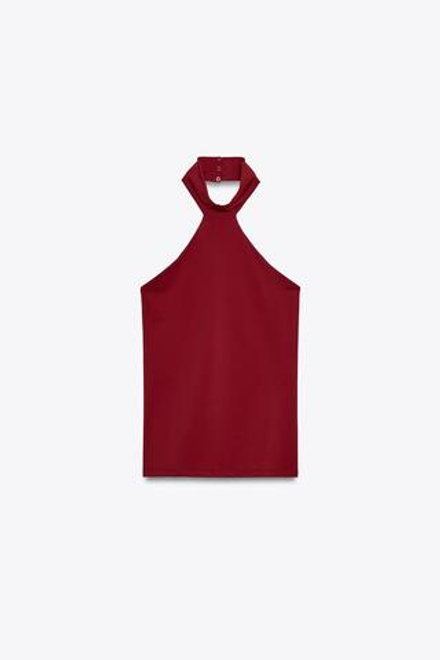 ZARA ТОП ИЗ ПОЛИАМИДА С ГОРЛОВИНОЙ ХАЛТЕР, ЦВЕТ БУРГУНДСКОГО ВИНА