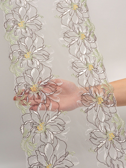 Кружево вышивка на сетке цвет мультиколор (фисташковый, шоколад, желтый, белый) неэластичная ширина 27 см