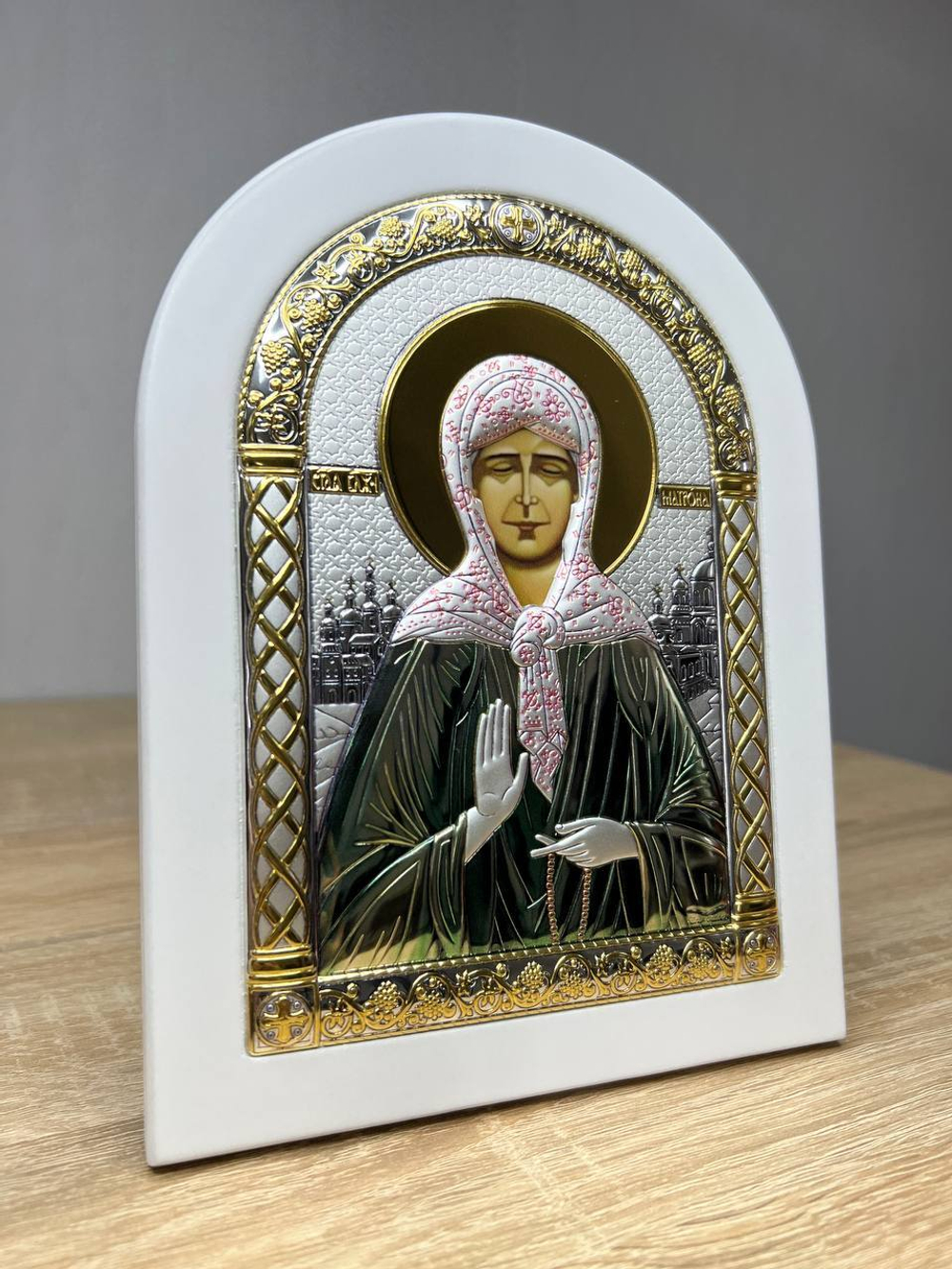 Матрона, икона арочная, белое дерево, эмаль 150х200