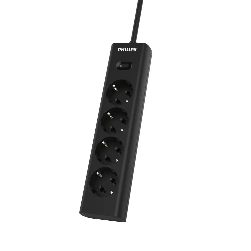Сетевой фильтр удлинитель Philips CHP2145BB/51 с четырьмя стандартными розетками EU, с заземлением и защитой от перегрузок, 3 м, черный