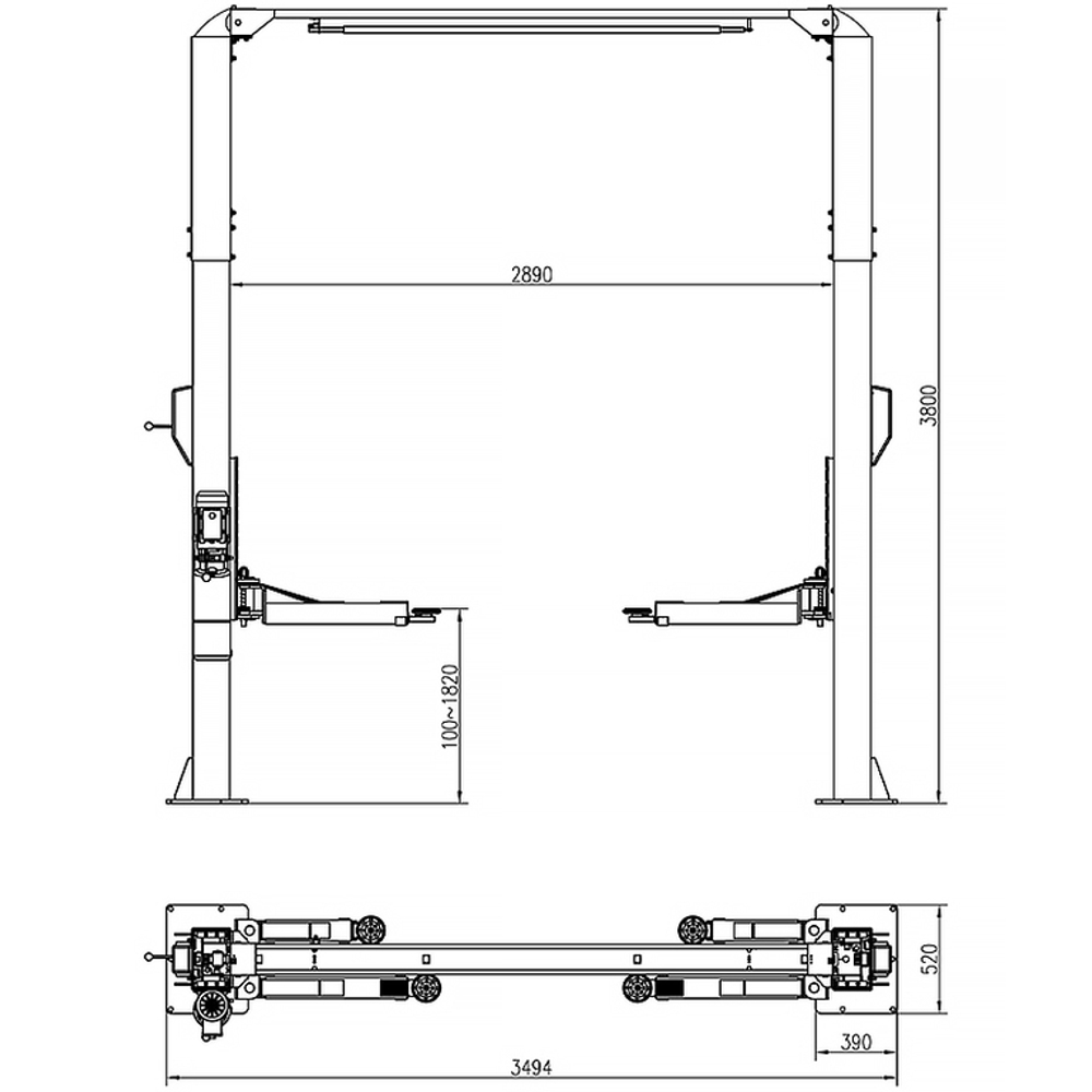 Подъемник электрогидравлический 4.5т 100-1820мм 2-х стоечный 380В верх. синхрон.(механ. с 1кол) GTE