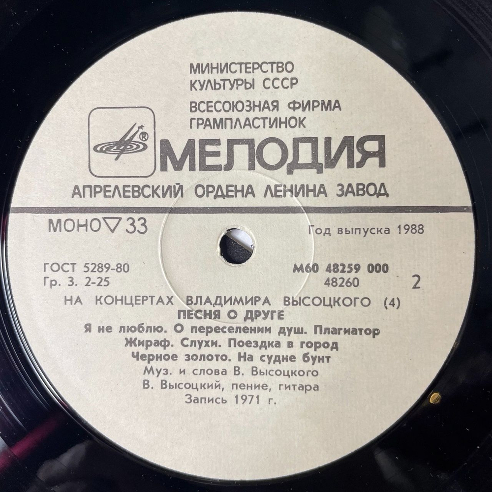 Винтажная виниловая пластинка LP Владимир Высоцкий Песня О Друге Пластинка 4 (СССР 1988)