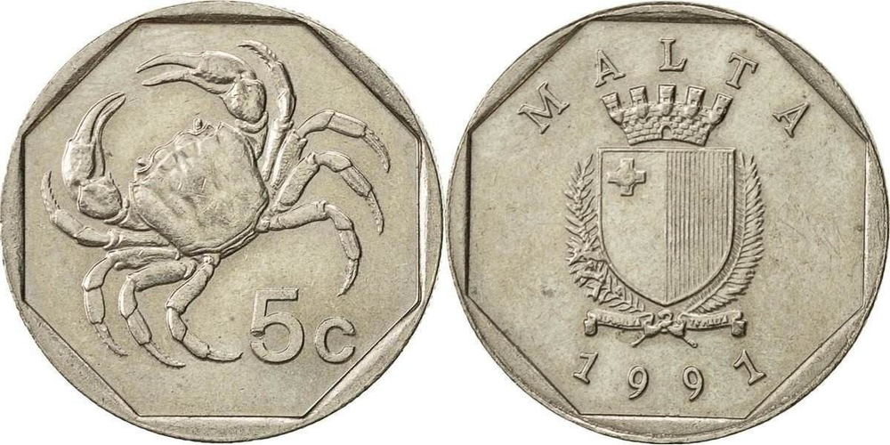 Мальта 5 центов, 1991-2007 Краб XF