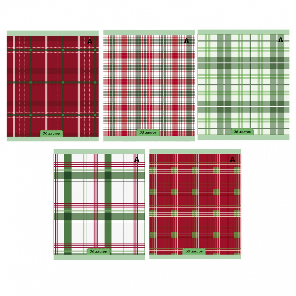 Тетрадь 36 л., А5, клетка, Alingar "Шотландская клетка. NEW", скрепка, офсет, мелованная бумага, 5 дизайнов в пленке т/у