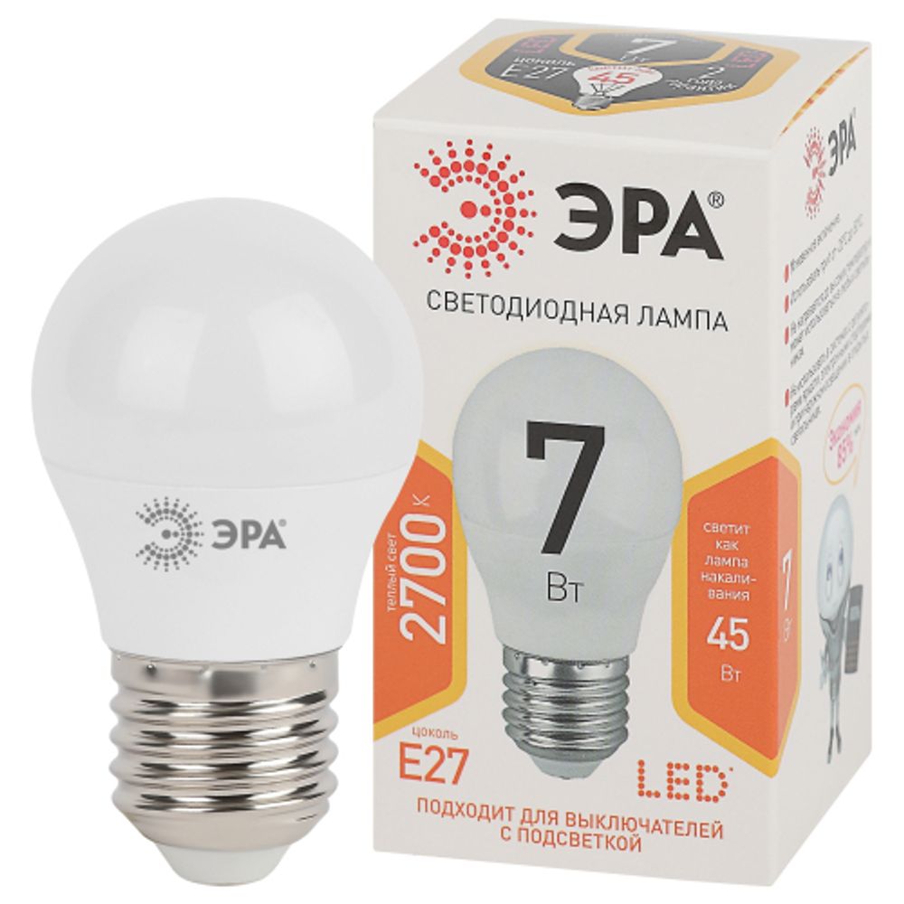 Лампа светодиодная ЭРА STD LED P45-7W-827-E27 E27 / Е27 7Вт шар теплый белый свет | Лампы cветодиодные Шар (G/P)