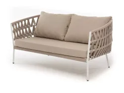 "Диего" диван 2-местный плетеный из роупа, каркас алюминий белый муар, роуп бежевый круглый, ткань бежевая 15052