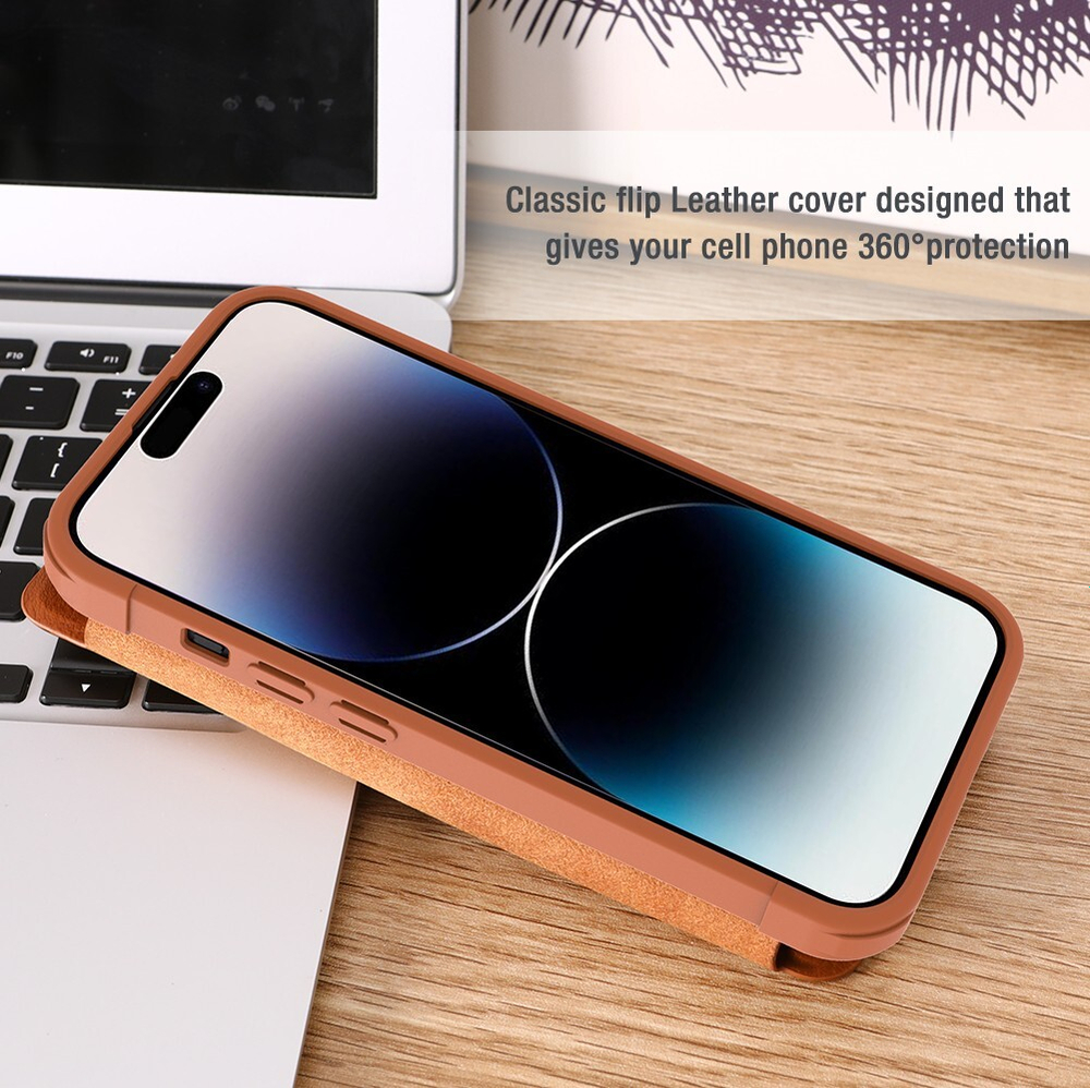 Кожаный чехол книжка коричневого цвета от Nillkin для iPhone 14 Pro, серия Qin Pro Leather с защитной шторкой для камеры