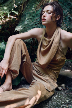 ZARA ЛЬНЯНЫЕ БРЮКИ С ШИРОКИМИ ШТАНИНАМИ И ШНУРКАМИ, ПЕСОЧНЫЙ