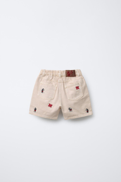 ZARA ДЖИНСОВЫЕ ШОРТЫ С ВЫШИВКОЙ «MICKEY MOUSE © DISNEY, СЛОНОВАЯ КОСТЬ