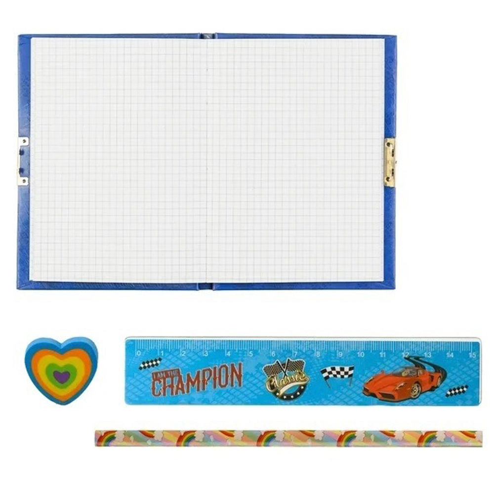 Блокнот детский Basir на замке, с карандашом, линейкой и ластиком, формат А6, серия "Машины", переплет 7БЦ, 15*11 см, 48 листов, ассорти