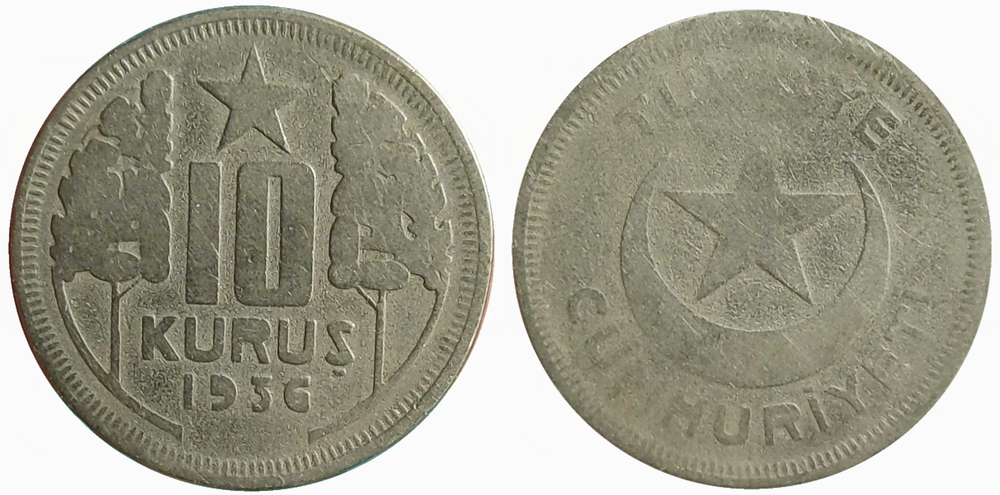 Турция 10 курушей, 1935 - 1940 Герб XF