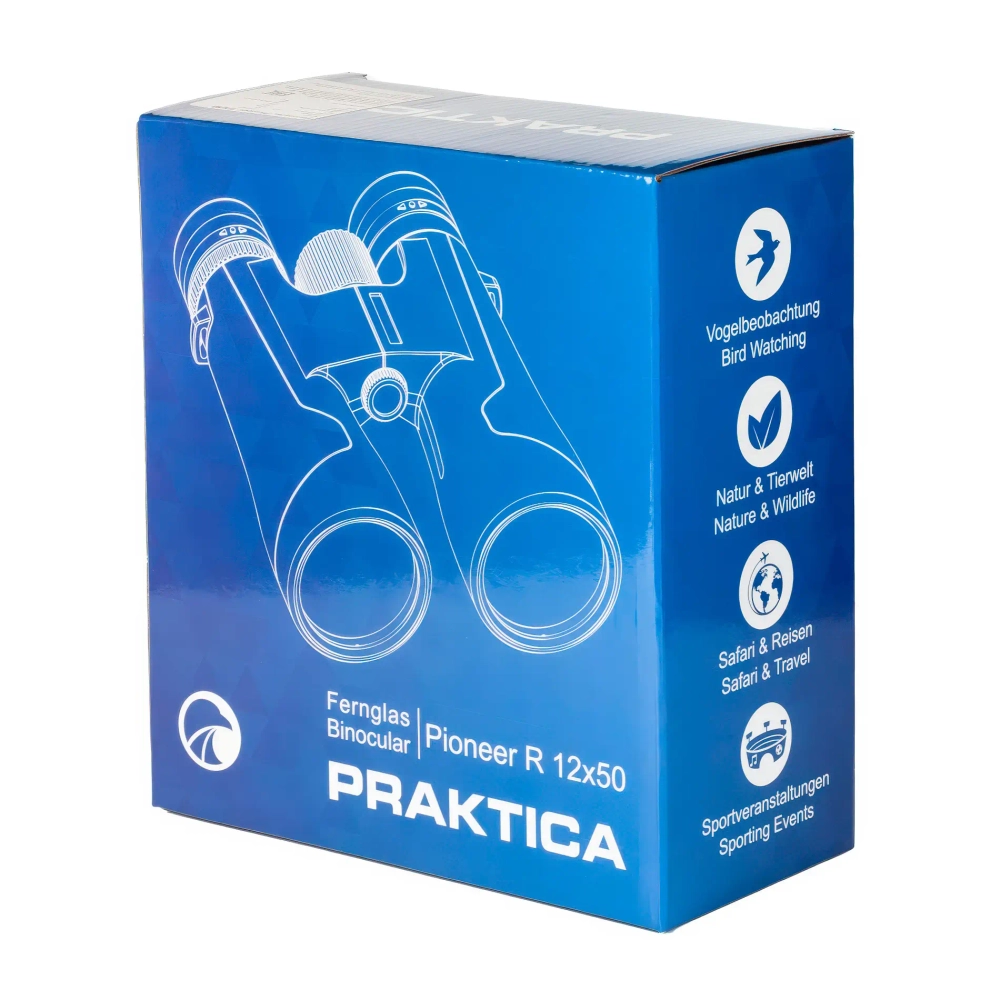 Бинокль Praktica Pioneer R 12x50 Waterproof - упаковка синего цвета с иллюстрацией