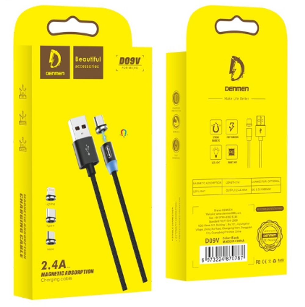 Кабель DENMEN D09V USB-microUSB 2.4A 1м магнитный Nylon Black