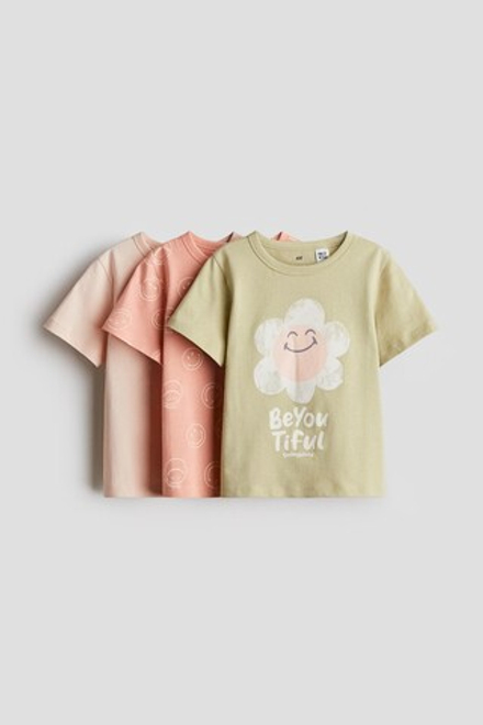 H&M Набор из трех хлопковых футболок с принтом, розоватый
