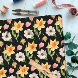 Ткань шифон жёлтые нарциссы на чёрном фоне