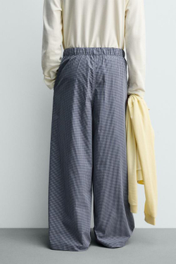 ZARA БРЮКИ RELAXED FIT В КЛЕТКУ С НАШИВКАМИ, МОРСКОЙ СИНИЙ