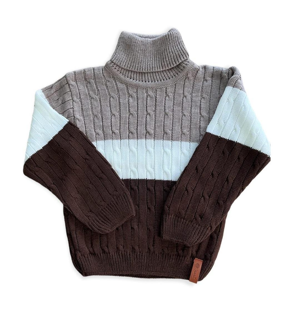 Свитер для мальчиков "Косики полосатик" р-р 104-110, коричневый/бежевый 1763