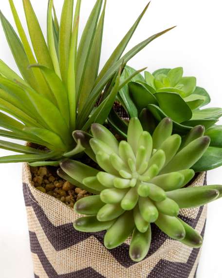 Смесь искусственных суккулентов в горшке из натуральной и черной рафии