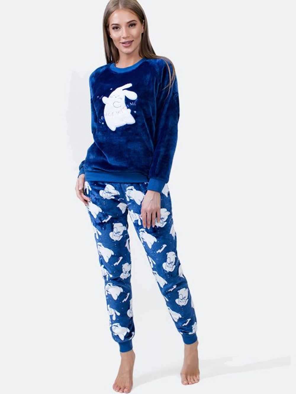Теплый комплект с принтом в виде зайчиков (Размер: S) (Цвет: темно-синий)