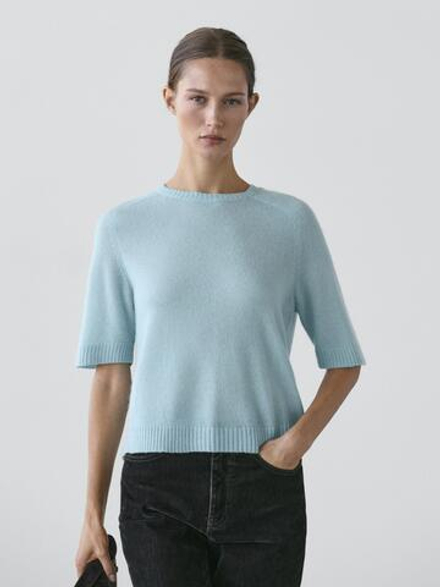 Massimo Dutti Трикотажный свитер из смесовой альпаки с короткими рукавами, небесно-голубой