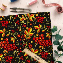 Ткань барби жёлто-красная хохлома с рябиной на чёрном фоне