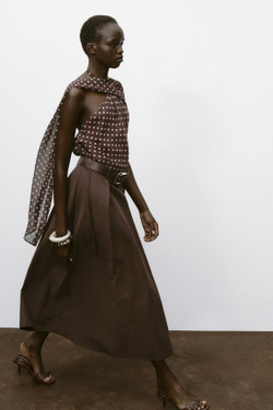 ZARA ЮБКА-КЛЕШ МИДИ С РЕМНЕМ, КОРИЧНЕВЫЙ