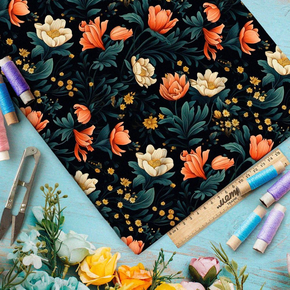 Ткань премиум бифлекс ночные цветочные фантазии