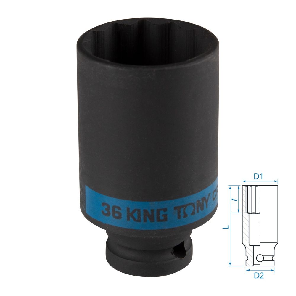 KING TONY (443036M) Головка торцевая ударная глубокая двенадцатигранная 1/2", 36 мм