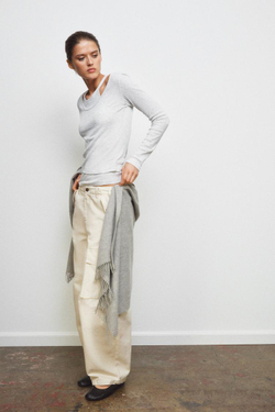 ZARA ДВОЙНАЯ ФУТБОЛКА В РУБЧИК, СЕРЫЙ МЕЛАНЖ