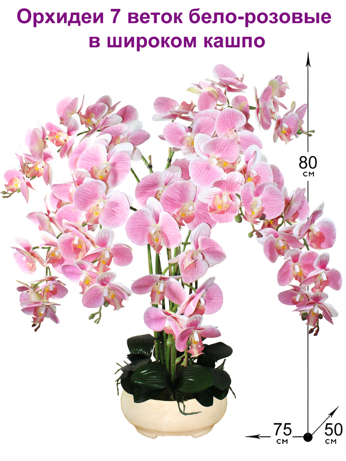 Искусственные Орхидеи 7 веток бело-розовые 80 см в широком кашпо