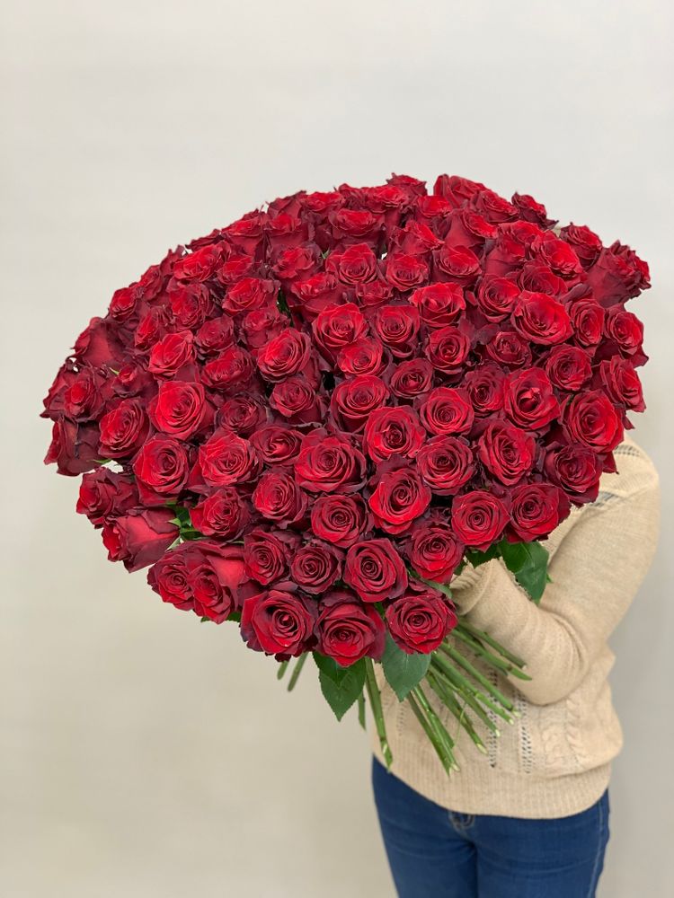 Букет 101 красная роза Эквадор 60см в ленте