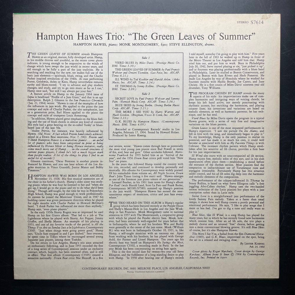 Hampton Hawes Trio ‎– The Green Leaves Of Summer (Япония)