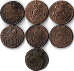 Набор медных монет 1757-1795 года (7 монет) Денга ЕМ (VG-F)
