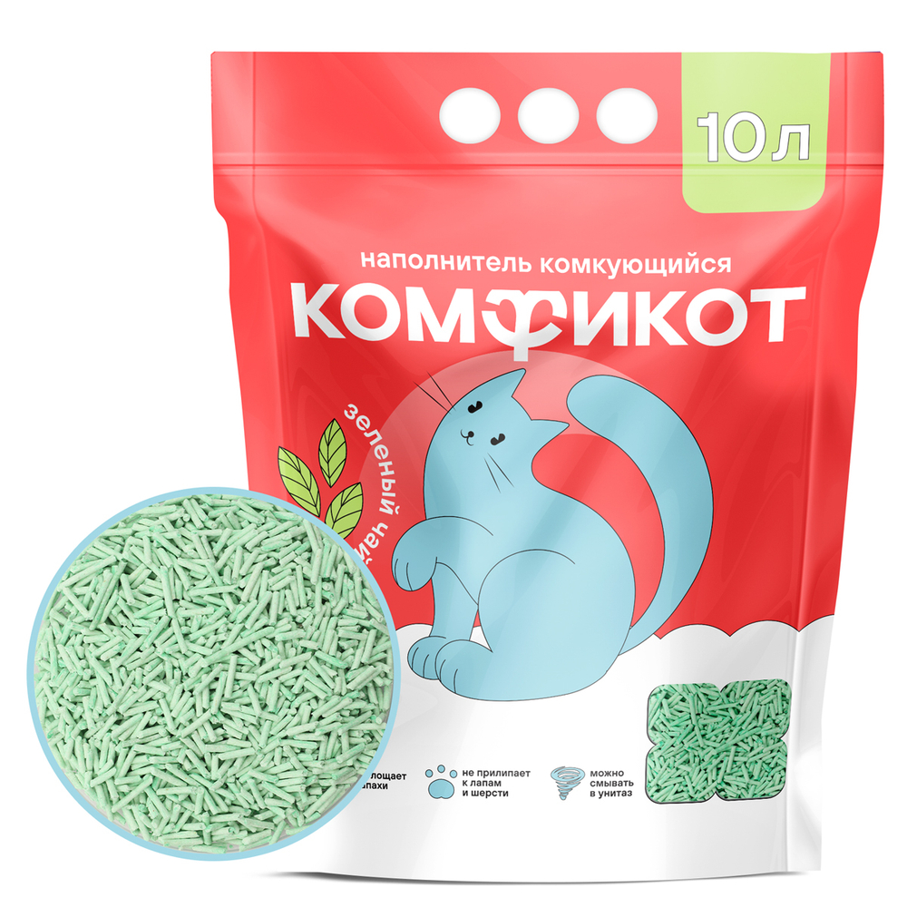 КОМФИКОТ Наполнитель тофу комкующийся зеленый чай, 10 л