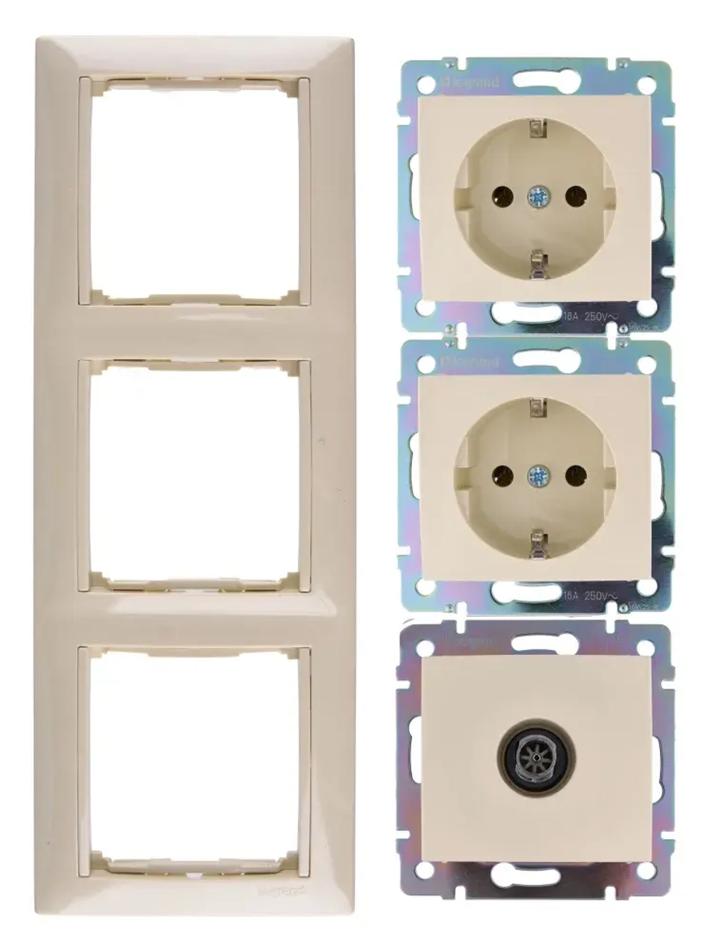 Комплект розетка-2 шт+ТВ розетка-1 шт+рамка 3 поста - 1 шт слоновая кость