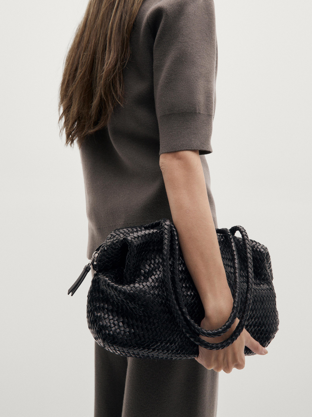 Massimo Dutti Свитер поло с короткими рукавами и V-образным вырезом, коричневый