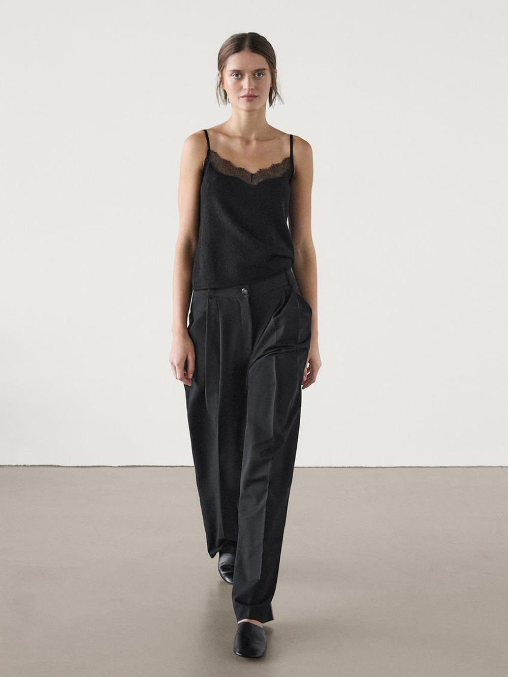 Massimo Dutti Топ в бельевом стиле с отделкой кружевом, черный