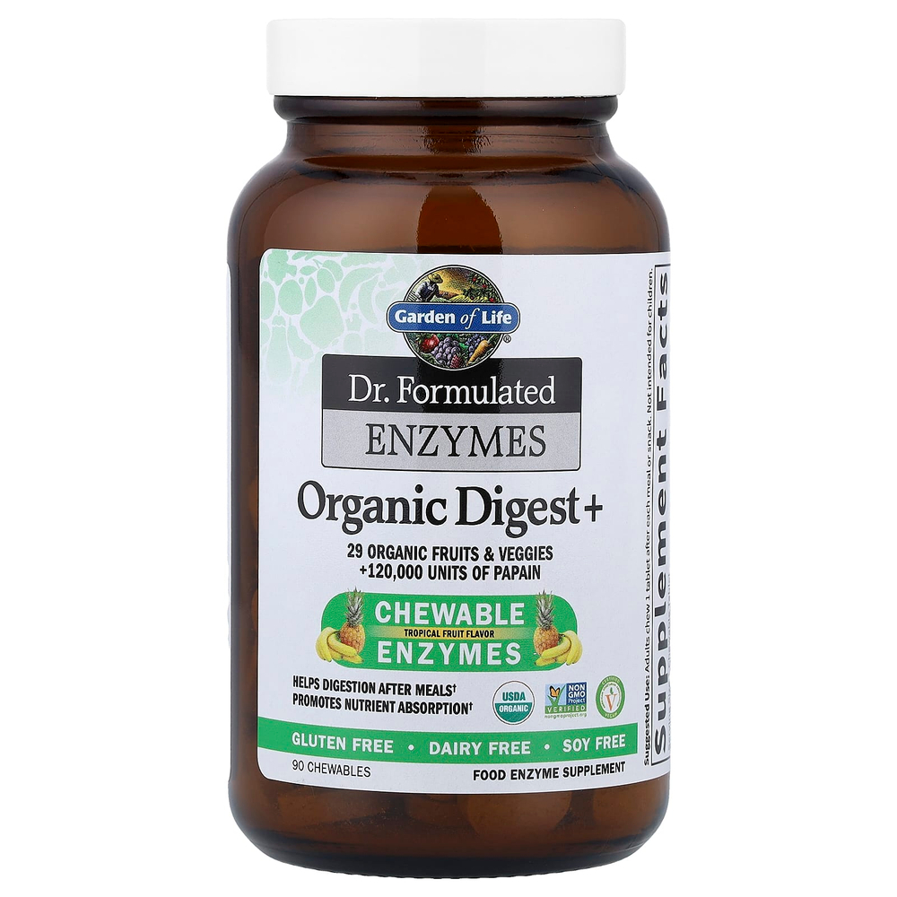 Garden of Life, В веганском протеине Dr. Сформулированные ферменты, Organic Digest +, вкус тропических фруктов, 90 жевательных таблеток