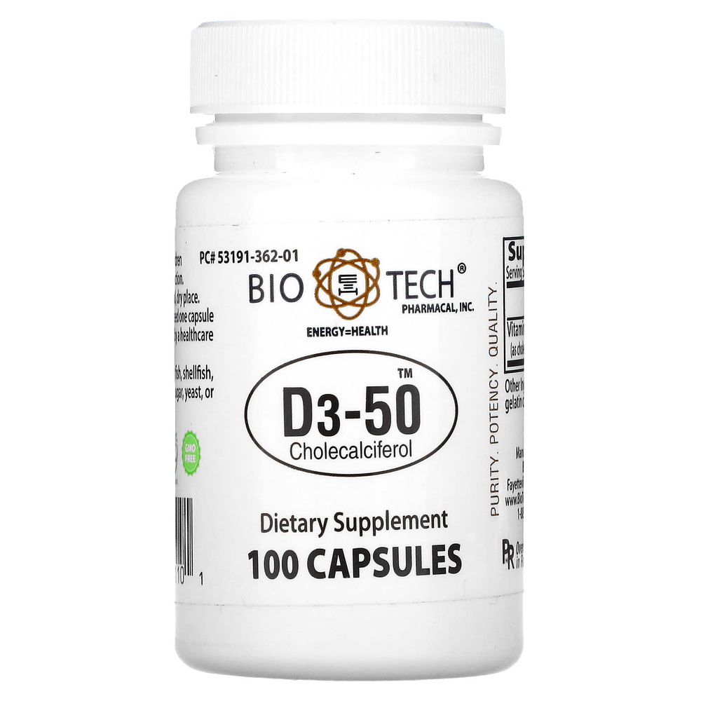 Bio Tech Pharmacal, D3-50, холекальциферол, 100 капсул