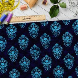 Ткань атлас симметричный голубой узор на синем фоне