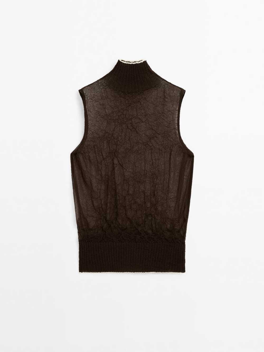 Massimo Dutti Текстурированная блузка с воротником-стойкой, коричневый