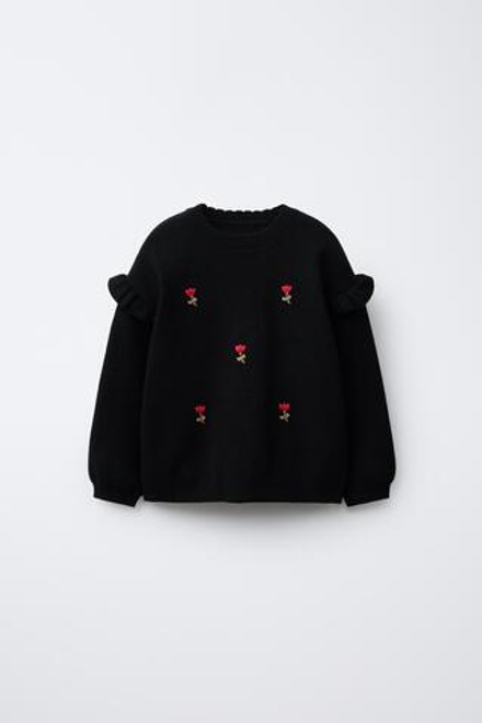 ZARA ТРИКОТАЖНЫЙ ДЖЕМПЕР С ВЫШИВКОЙ В ВИДЕ ЦВЕТОВ, ЧЕРНЫЙ