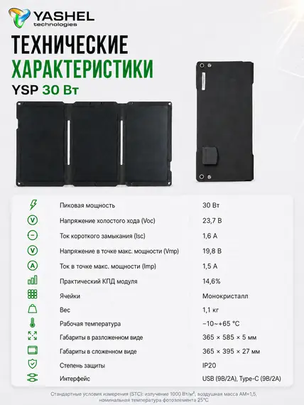 Туристическая солнечная панель YASHEL 15 Вт