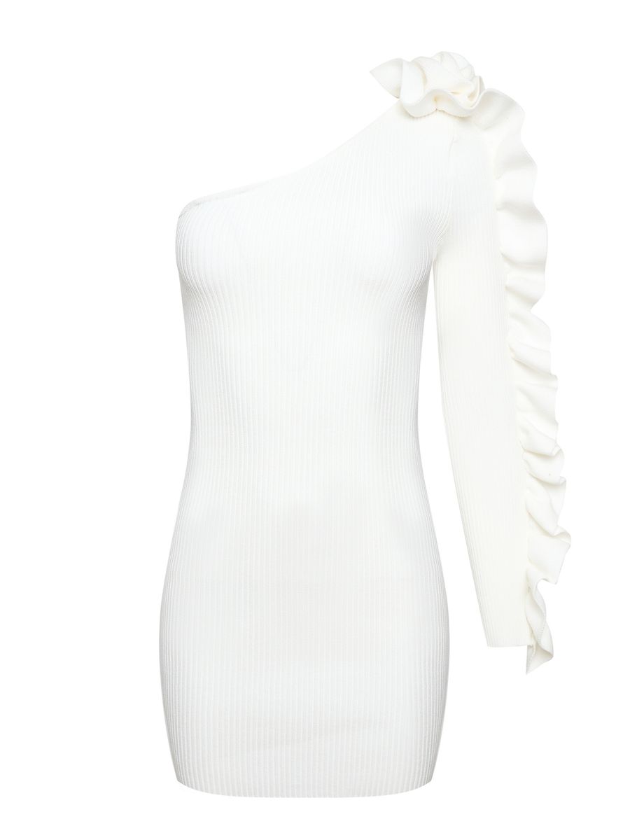 Платье лапша из вискозы с рюшей мини молочное