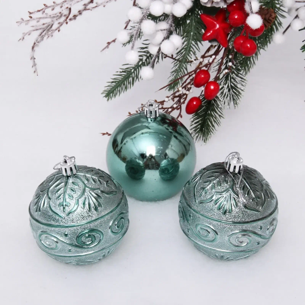Новогодние шары 8 см (набор 3 шт) «Микс фактур», темный нефрит